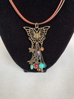 Vintage-Inspired BoHo Bronze Butterfly Pendant Necklace with Turquoise Accents